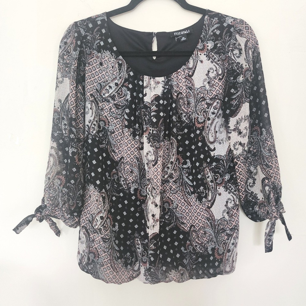 Roz & Ali Women XS Paisley Metallic Stripe Tie Sleeve Blouse Black Pink Chiffon